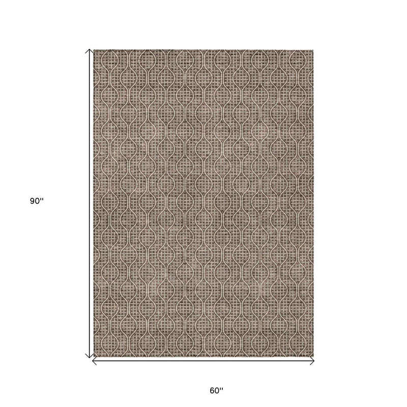 5' X 8' Brown And Beige Geometric Washable Indoor Outdoor Area Rug