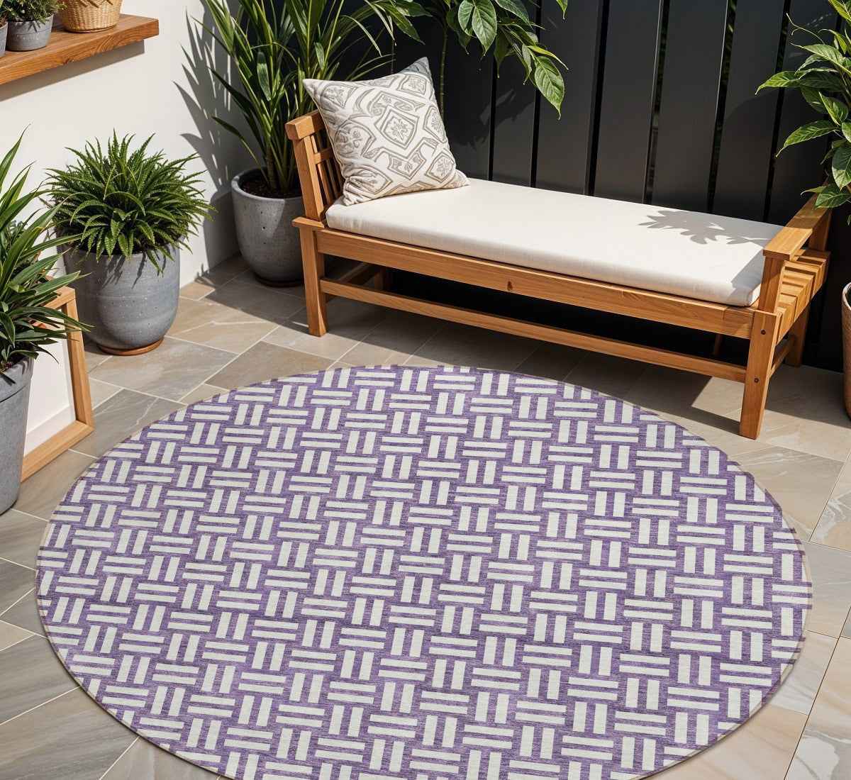 8' Purple And Ivory Round Geometric Washable Indoor Outdoor Area Rug