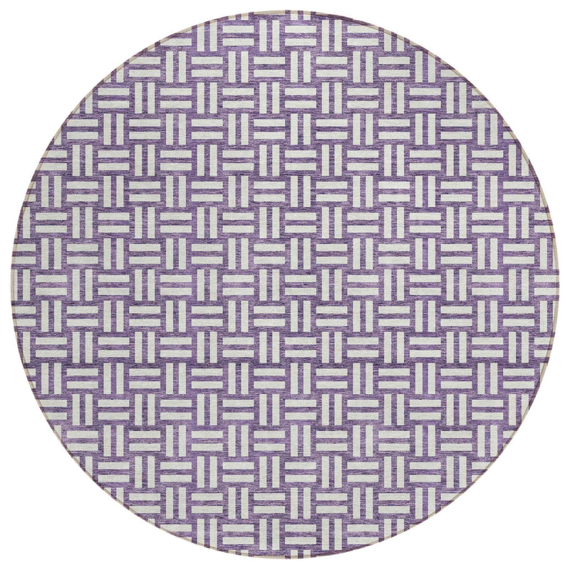 8' Purple And Ivory Round Geometric Washable Indoor Outdoor Area Rug