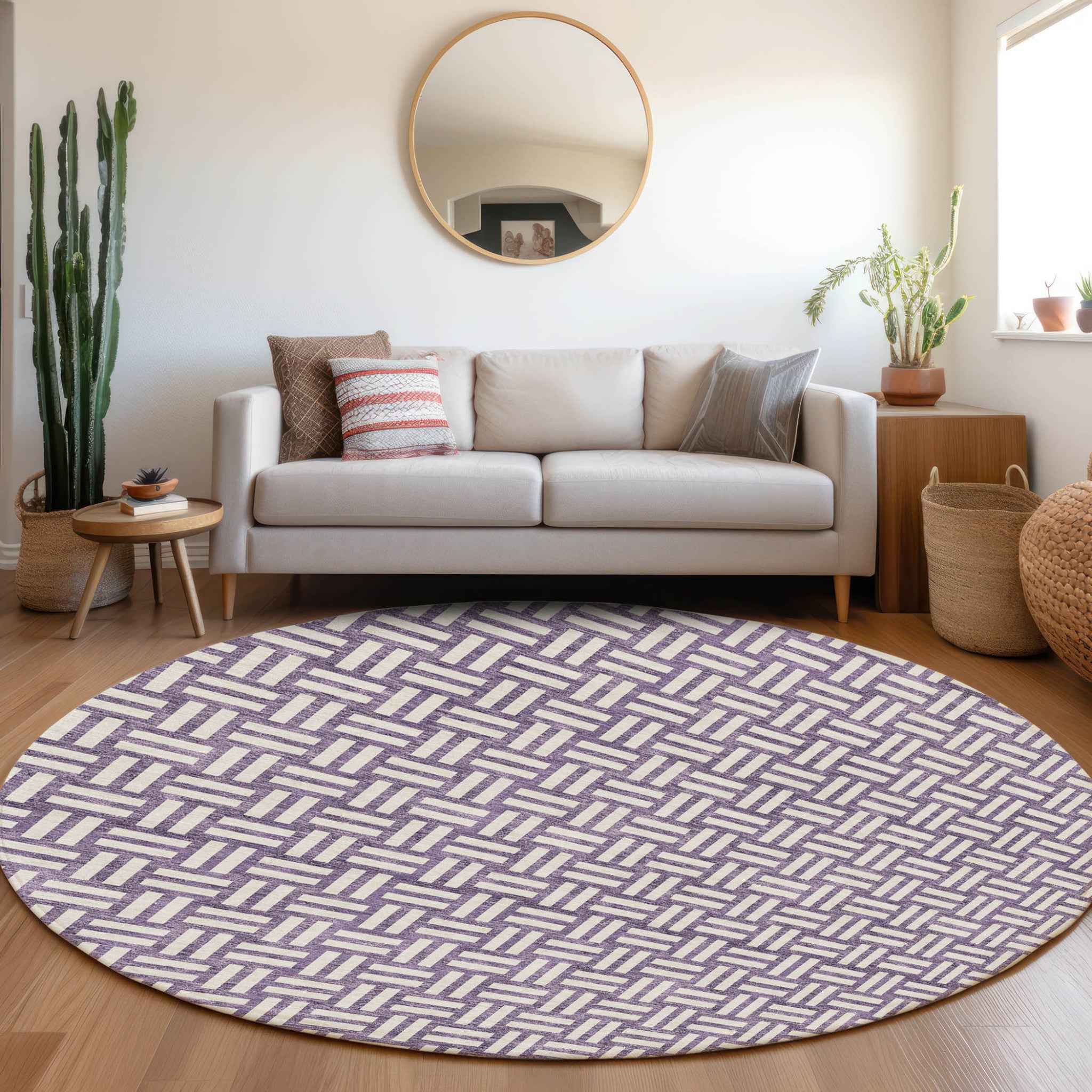 8' Purple And Ivory Round Geometric Washable Indoor Outdoor Area Rug