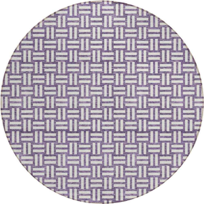 8' Purple And Ivory Round Geometric Washable Indoor Outdoor Area Rug