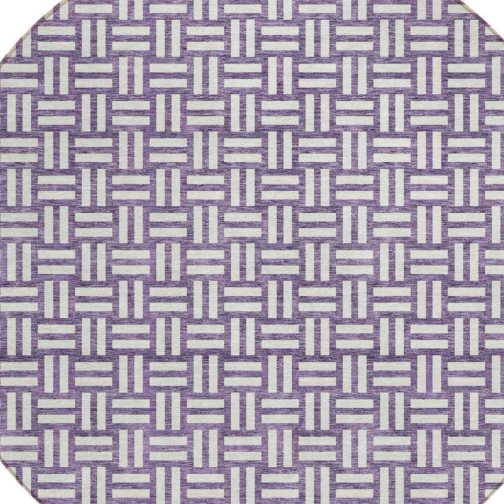 8' Purple And Ivory Round Geometric Washable Indoor Outdoor Area Rug