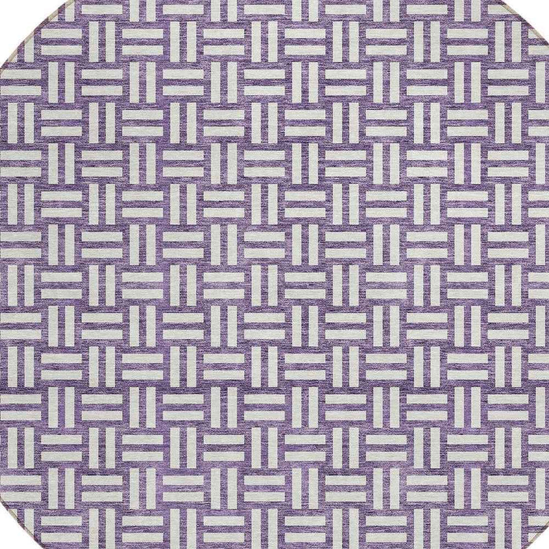 8' Purple And Ivory Round Geometric Washable Indoor Outdoor Area Rug