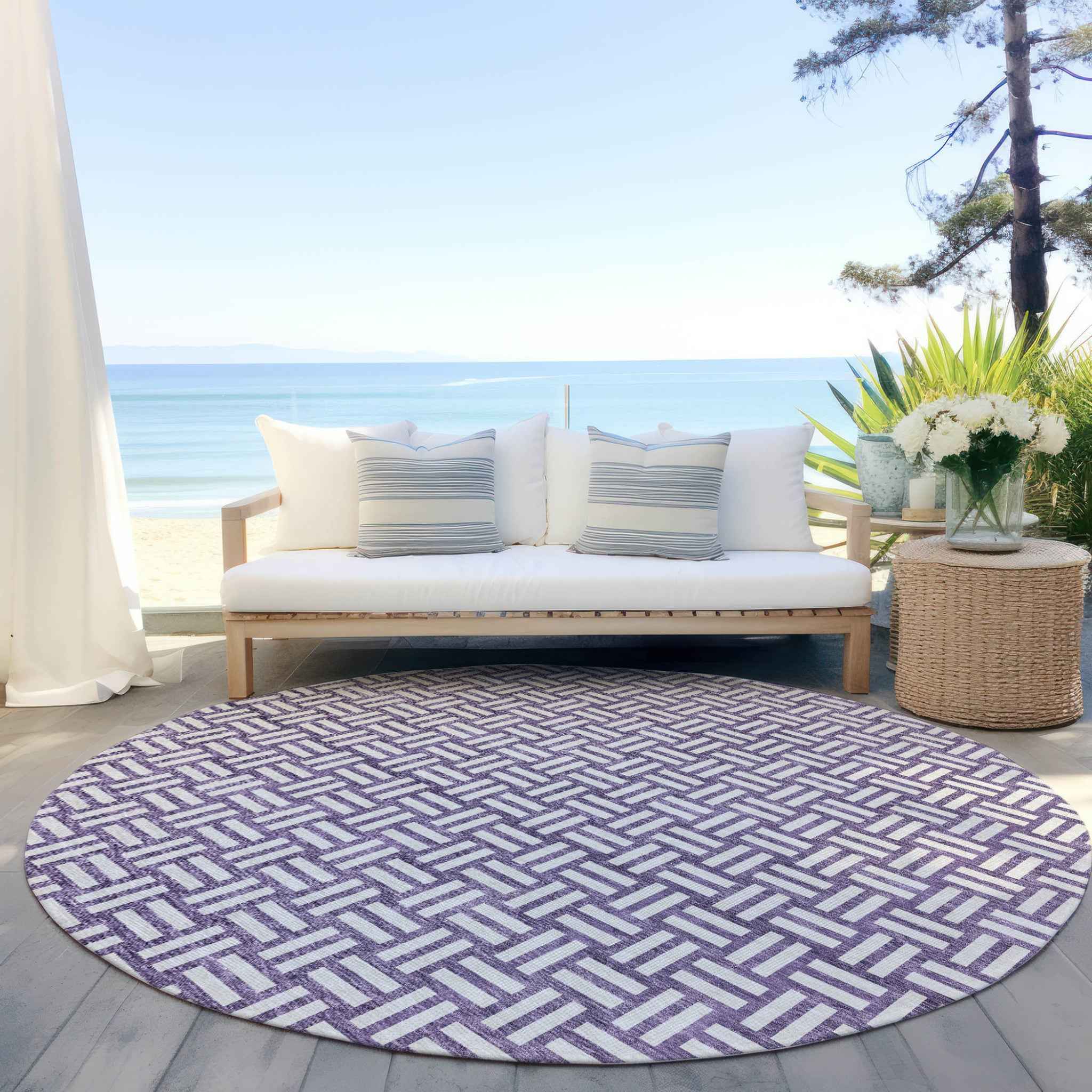 8' Purple And Ivory Round Geometric Washable Indoor Outdoor Area Rug