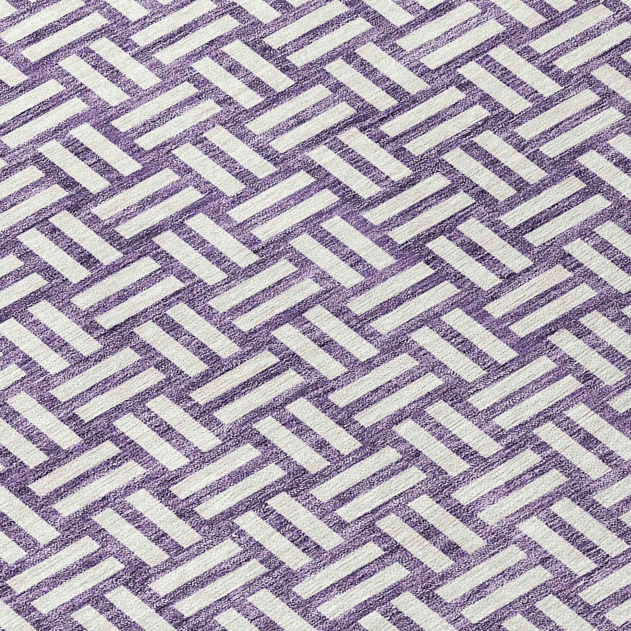 8' Purple And Ivory Round Geometric Washable Indoor Outdoor Area Rug
