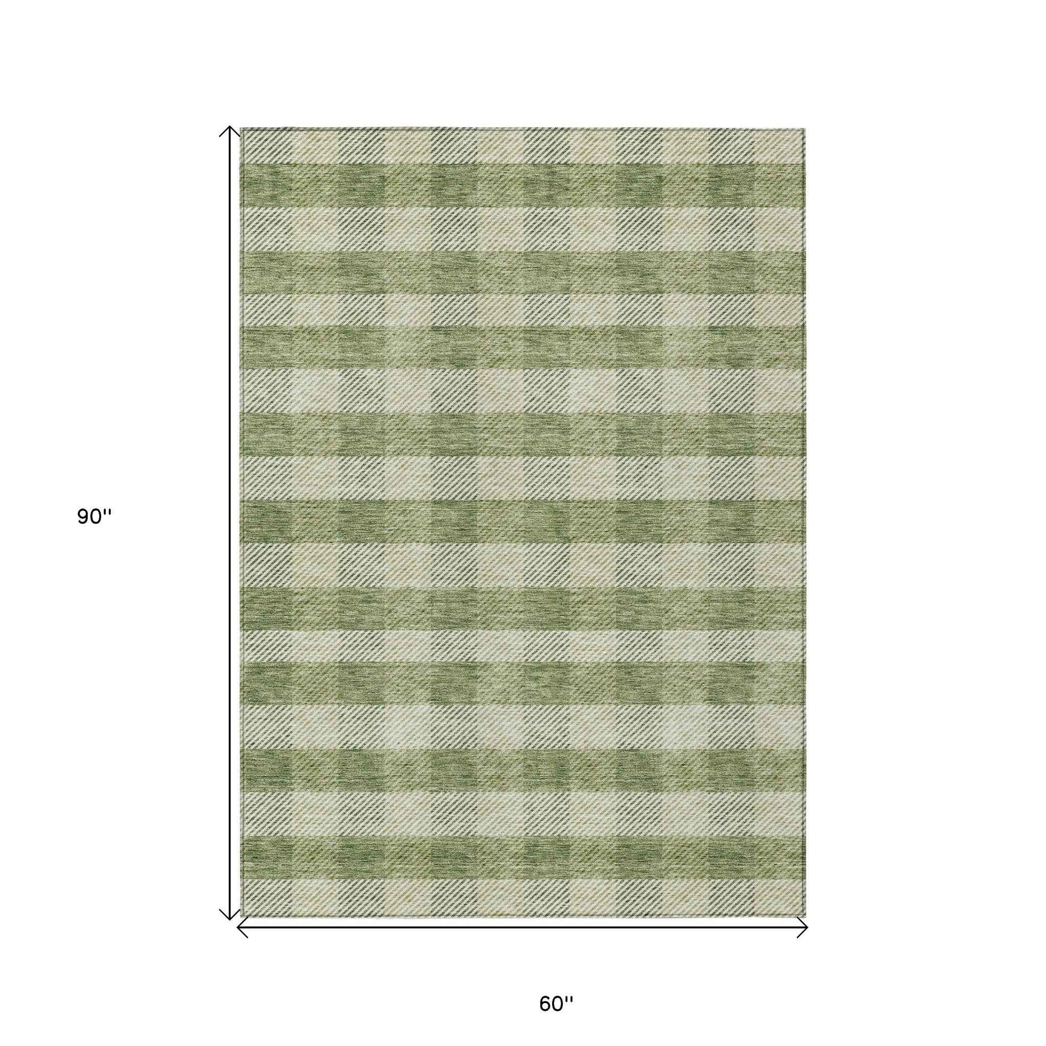 5' X 8' Green And Light Green Plaid Washable Indoor Outdoor Area Rug