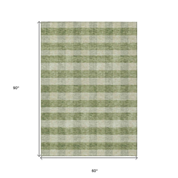 5' X 8' Green And Light Green Plaid Washable Indoor Outdoor Area Rug