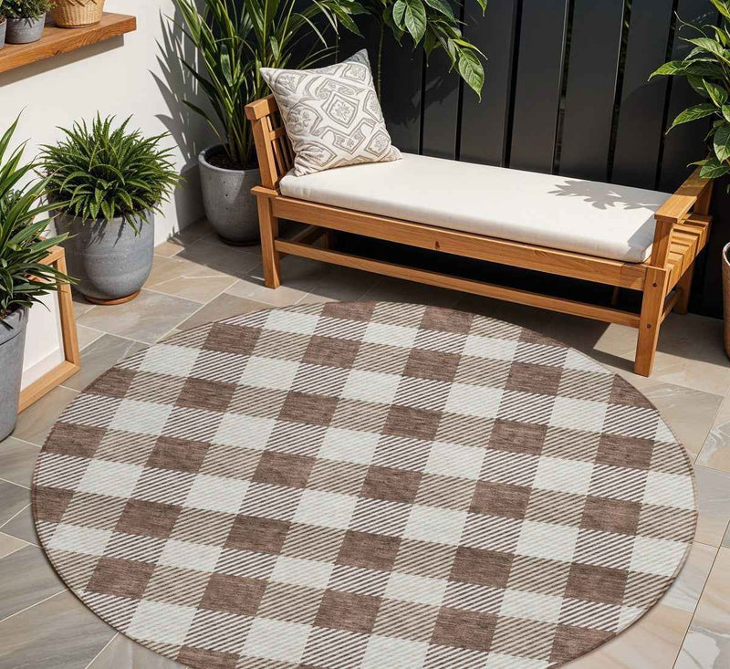 8' Brown And Beige Round Plaid Washable Indoor Outdoor Area Rug