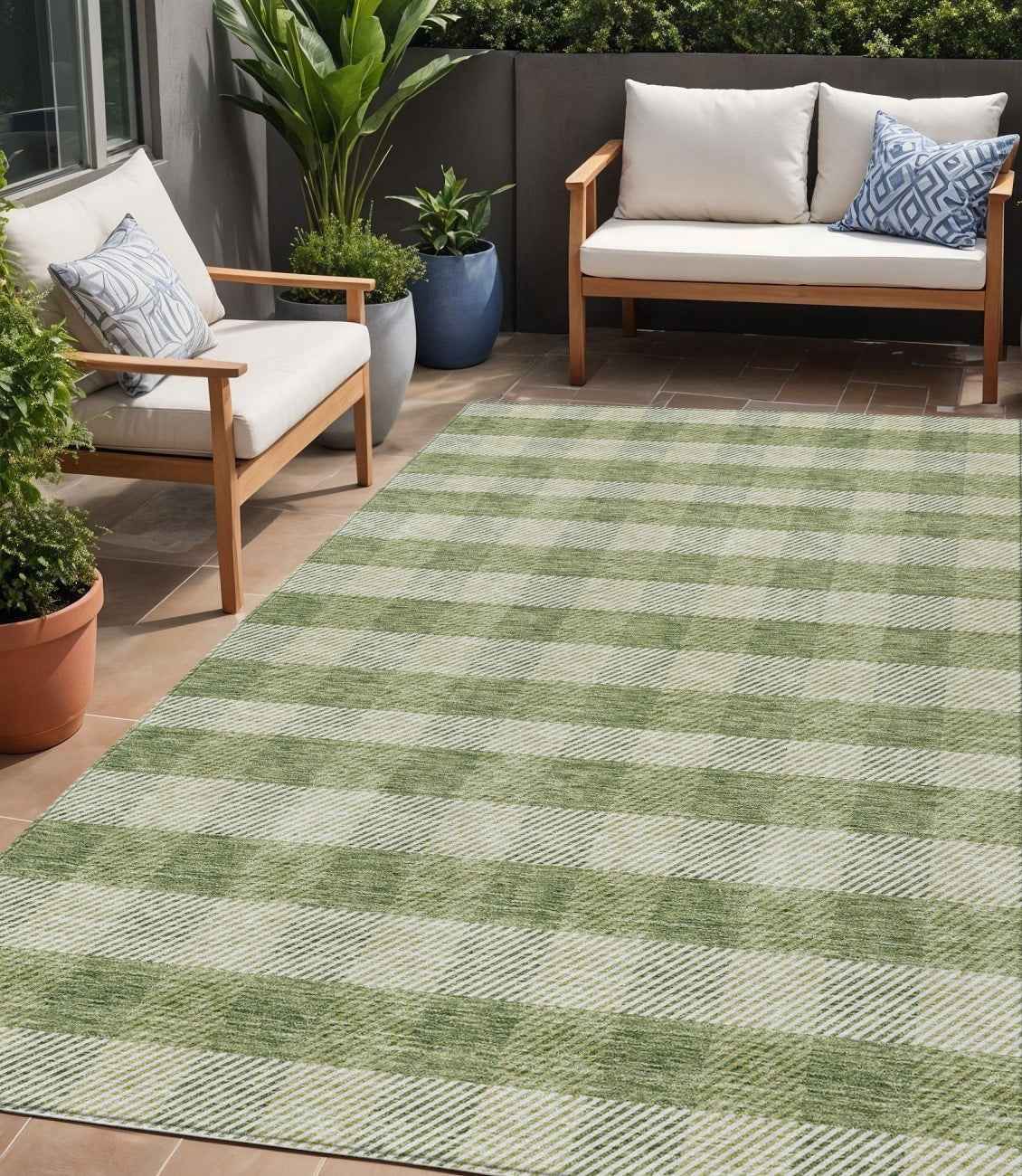 5' X 8' Green And Light Green Plaid Washable Indoor Outdoor Area Rug