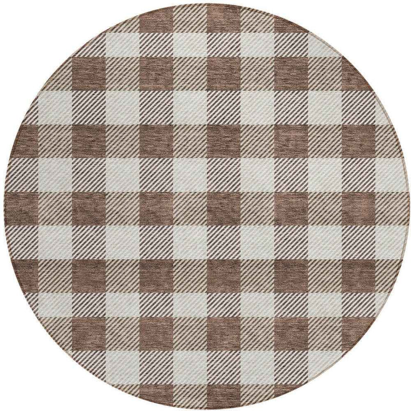 8' Brown And Beige Round Plaid Washable Indoor Outdoor Area Rug
