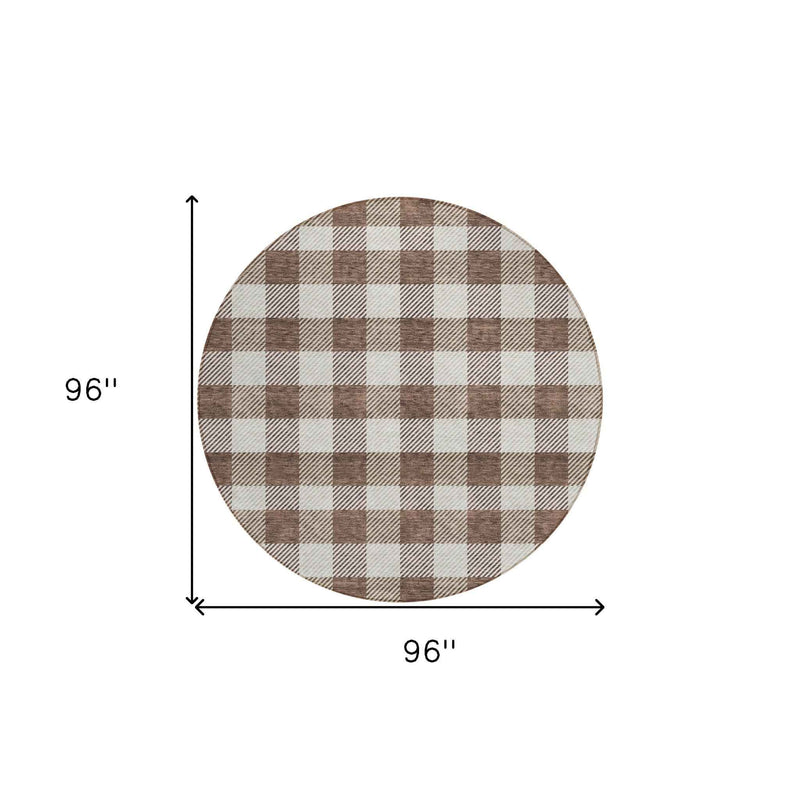 8' Brown And Beige Round Plaid Washable Indoor Outdoor Area Rug