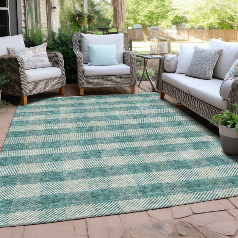 8' X 10' Teal Blue And Ivory Plaid Washable Indoor Outdoor Area Rug