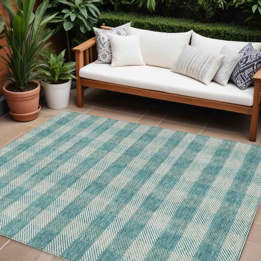 8' X 10' Teal Blue And Ivory Plaid Washable Indoor Outdoor Area Rug