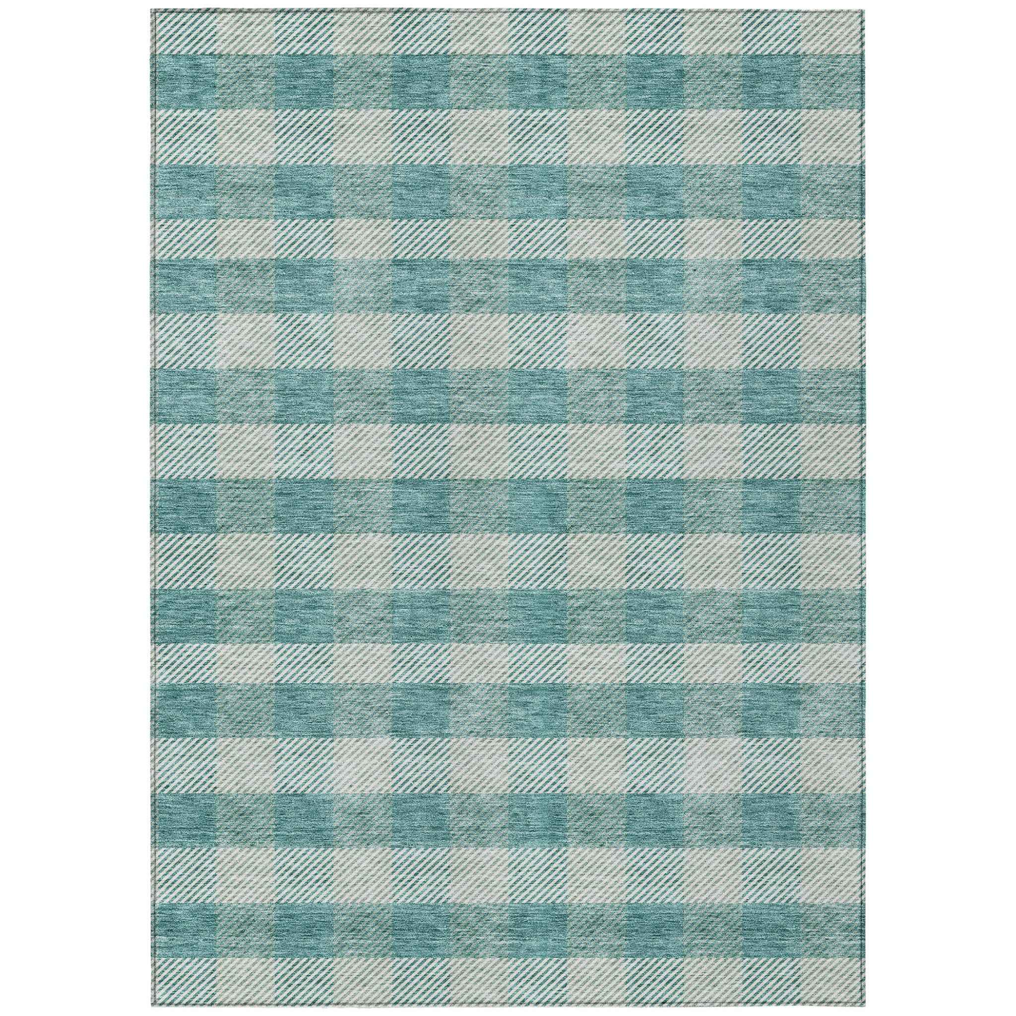 8' X 10' Teal Blue And Ivory Plaid Washable Indoor Outdoor Area Rug