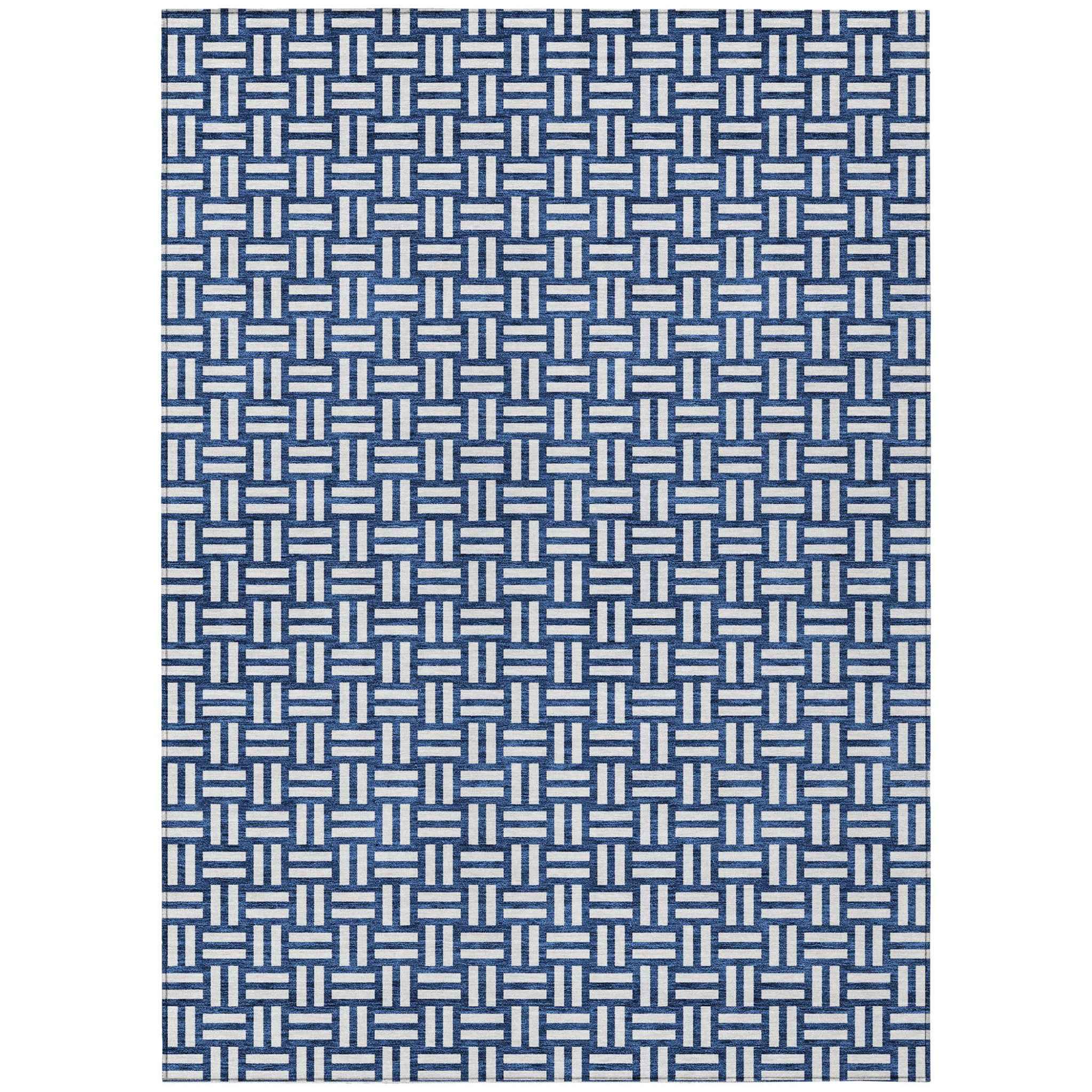 5' X 8' Navy Blue And Ivory Geometric Washable Indoor Outdoor Area Rug