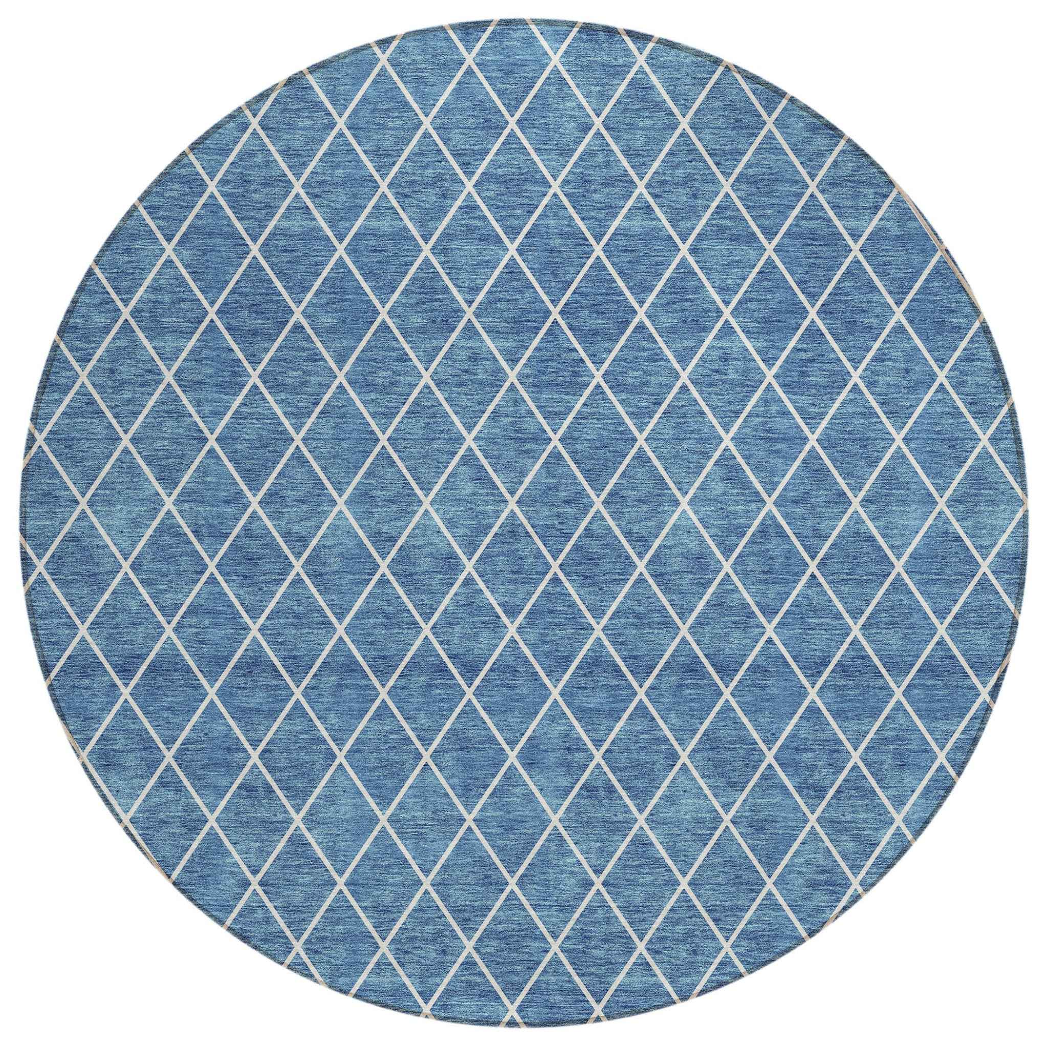 8' Denim Blue And Ivory Round Geometric Washable Indoor Outdoor Area Rug