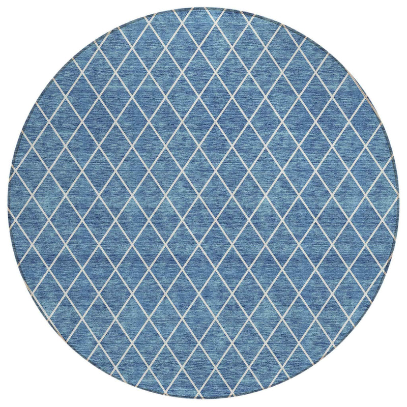 8' Denim Blue And Ivory Round Geometric Washable Indoor Outdoor Area Rug