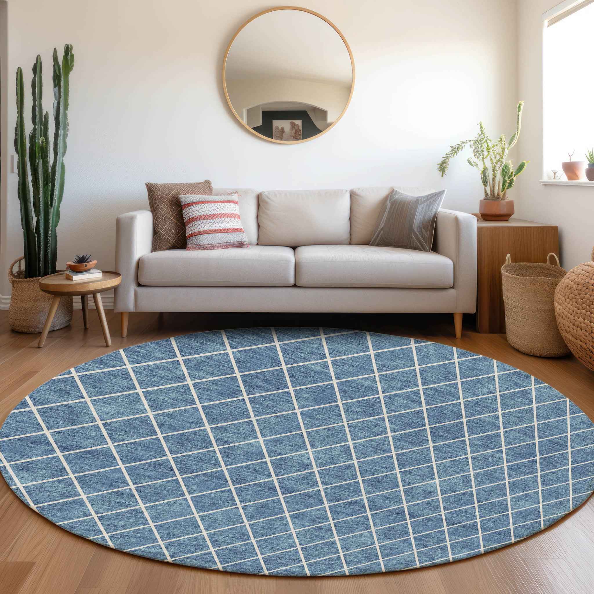 8' Denim Blue And Ivory Round Geometric Washable Indoor Outdoor Area Rug