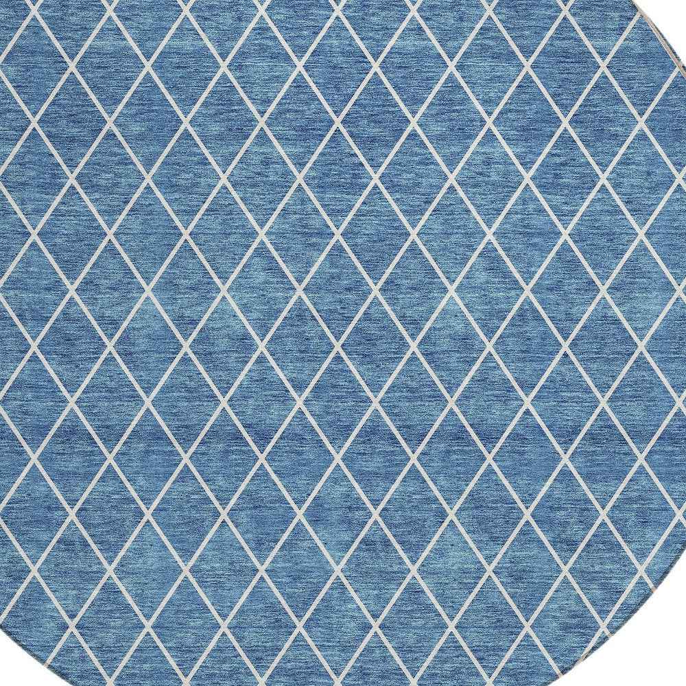 8' Denim Blue And Ivory Round Geometric Washable Indoor Outdoor Area Rug