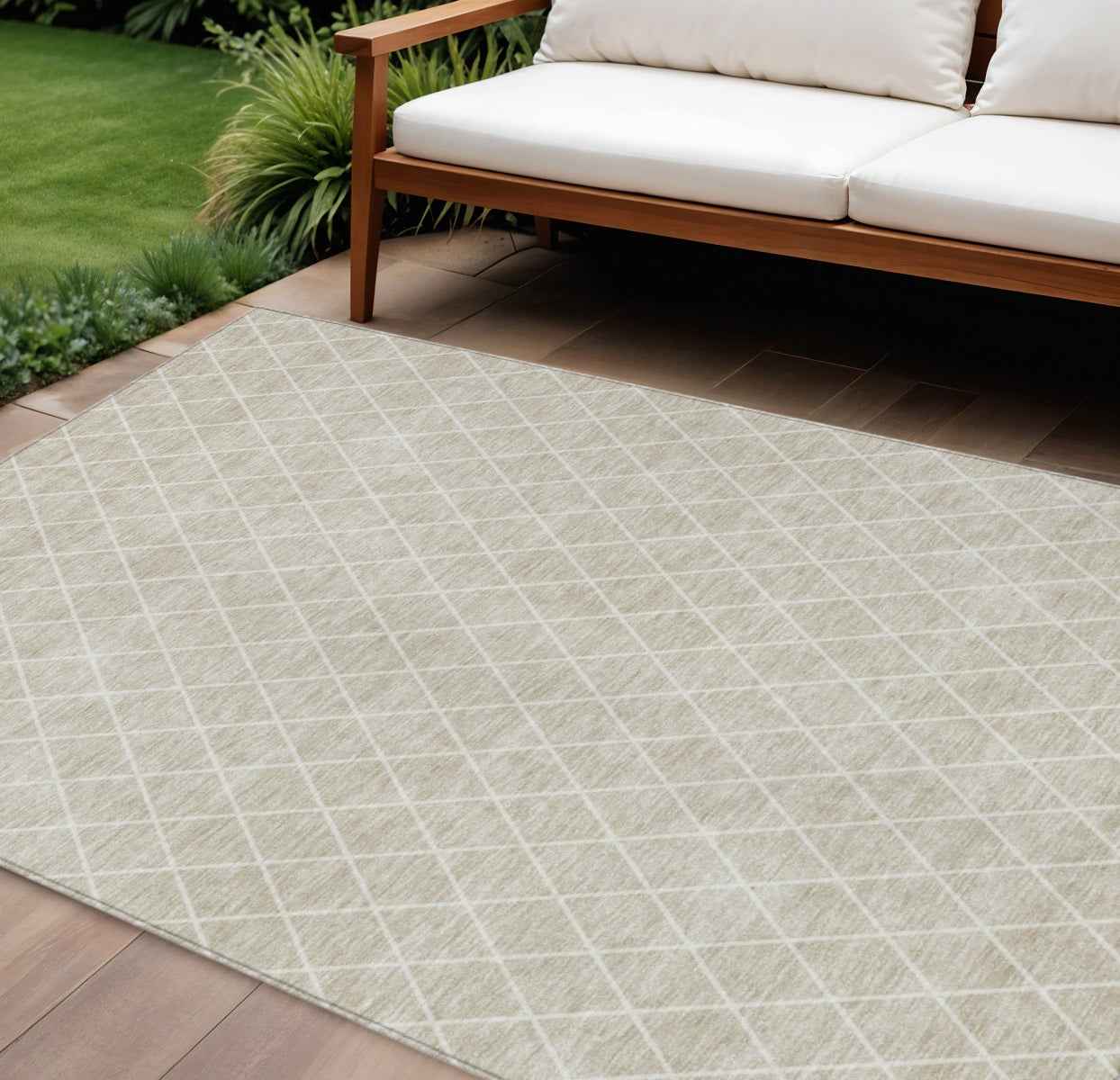 10' X 14' Beige And Ivory Geometric Washable Indoor Outdoor Area Rug