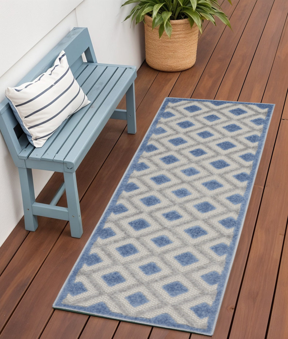 6' Blue And Gray Indoor Outdoor Runner Rug - Outdoor
