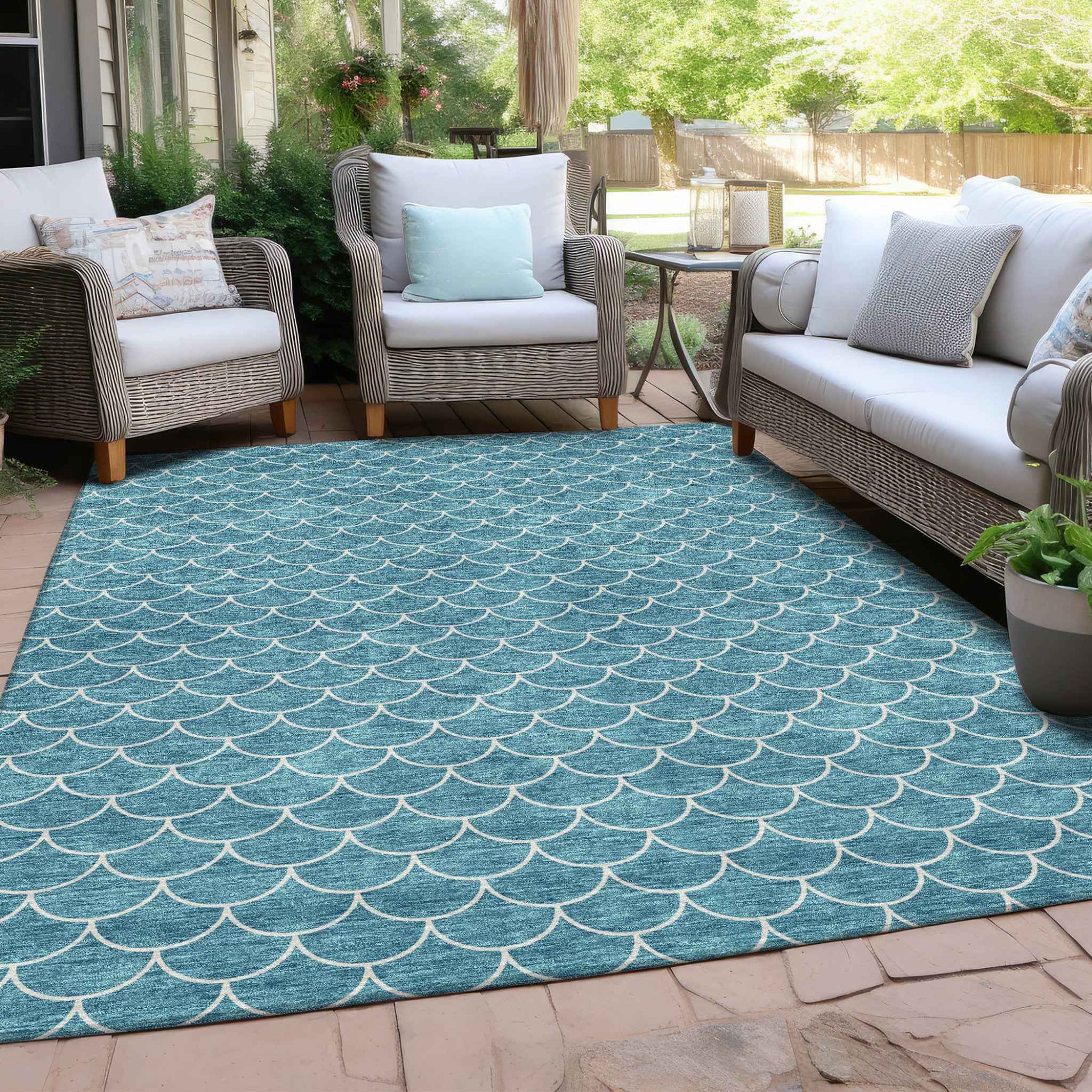 8' X 10' Teal Blue And Ivory Geometric Washable Indoor Outdoor Area Rug