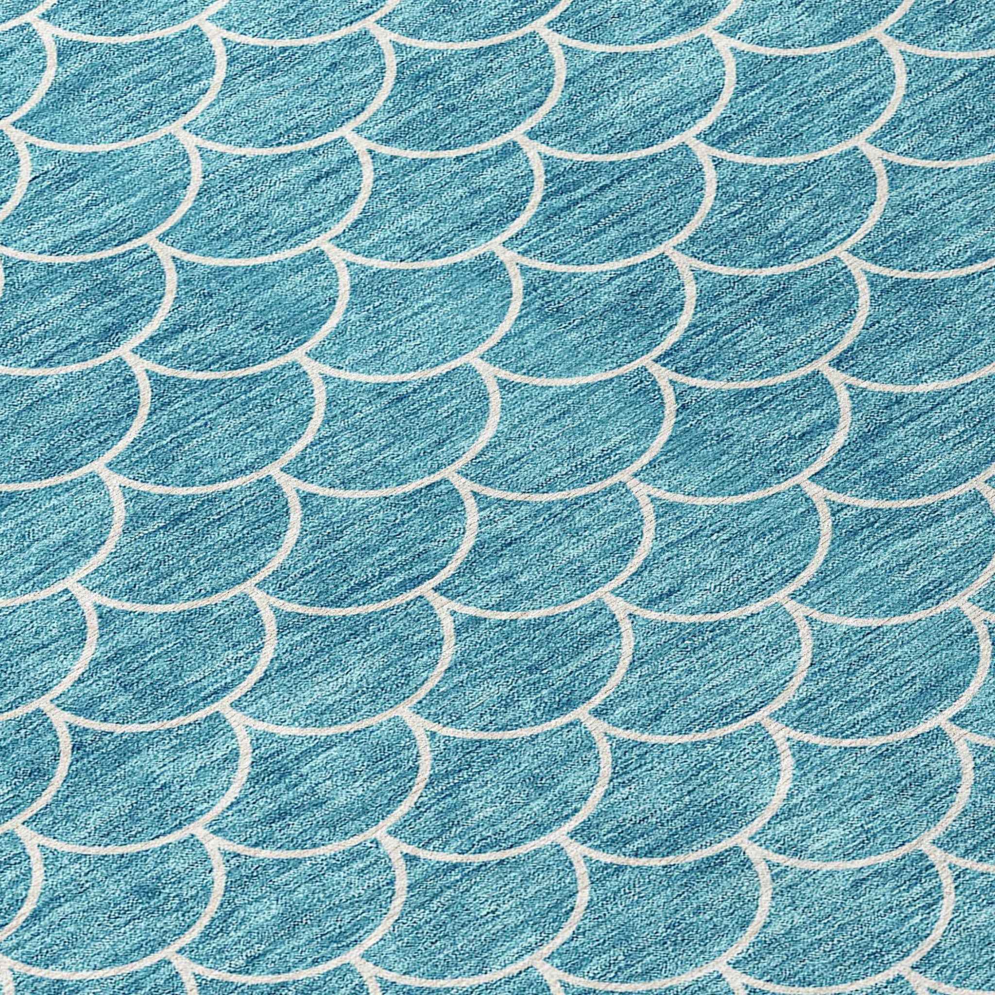 8' X 10' Teal Blue And Ivory Geometric Washable Indoor Outdoor Area Rug