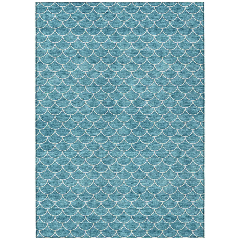 8' X 10' Teal Blue And Ivory Geometric Washable Indoor Outdoor Area Rug