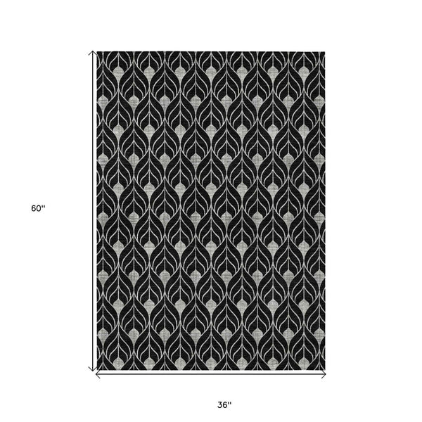 3' X 5' Black And Ivory Geometric Washable Indoor Outdoor Area Rug