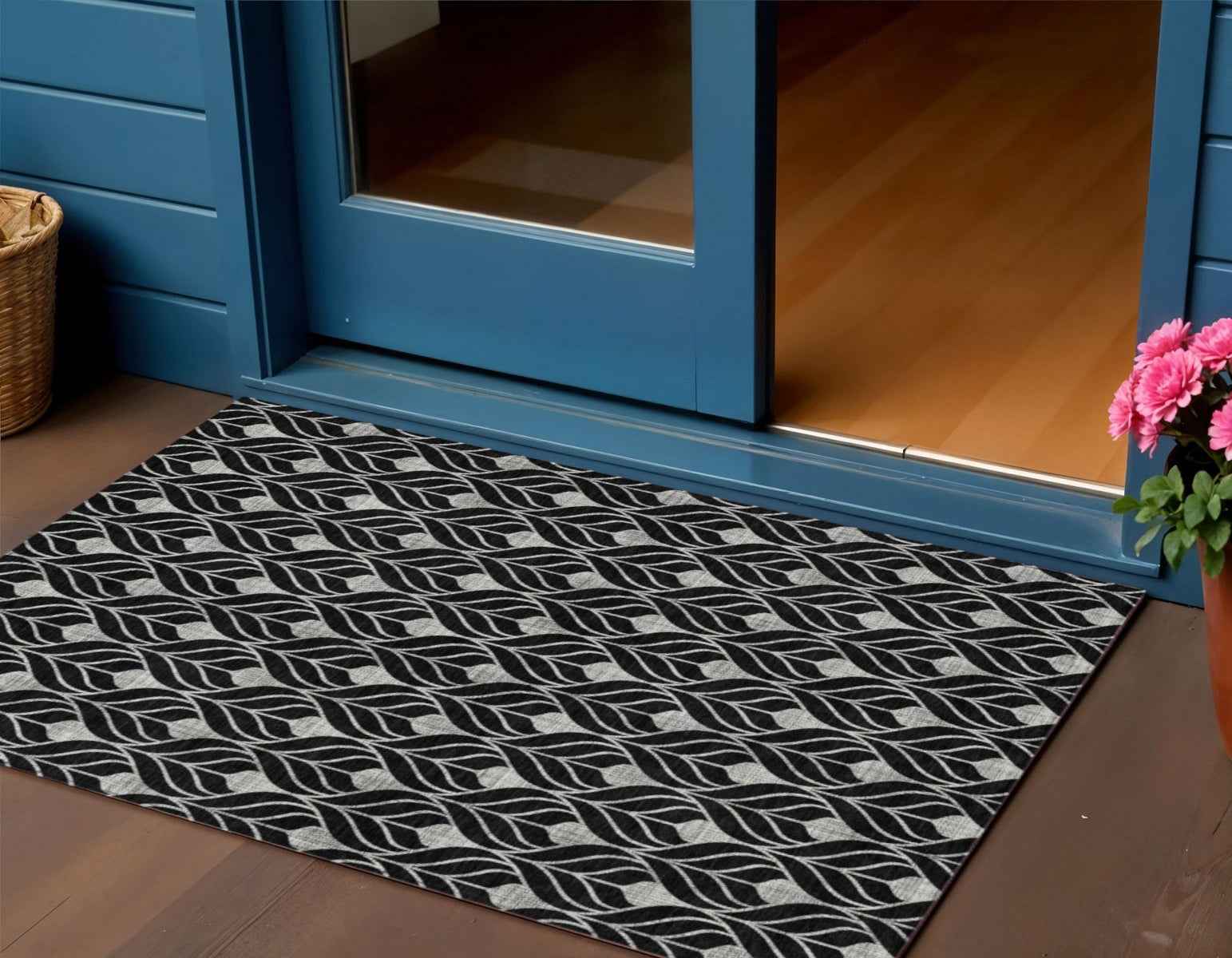 3' X 5' Black And Ivory Geometric Washable Indoor Outdoor Area Rug