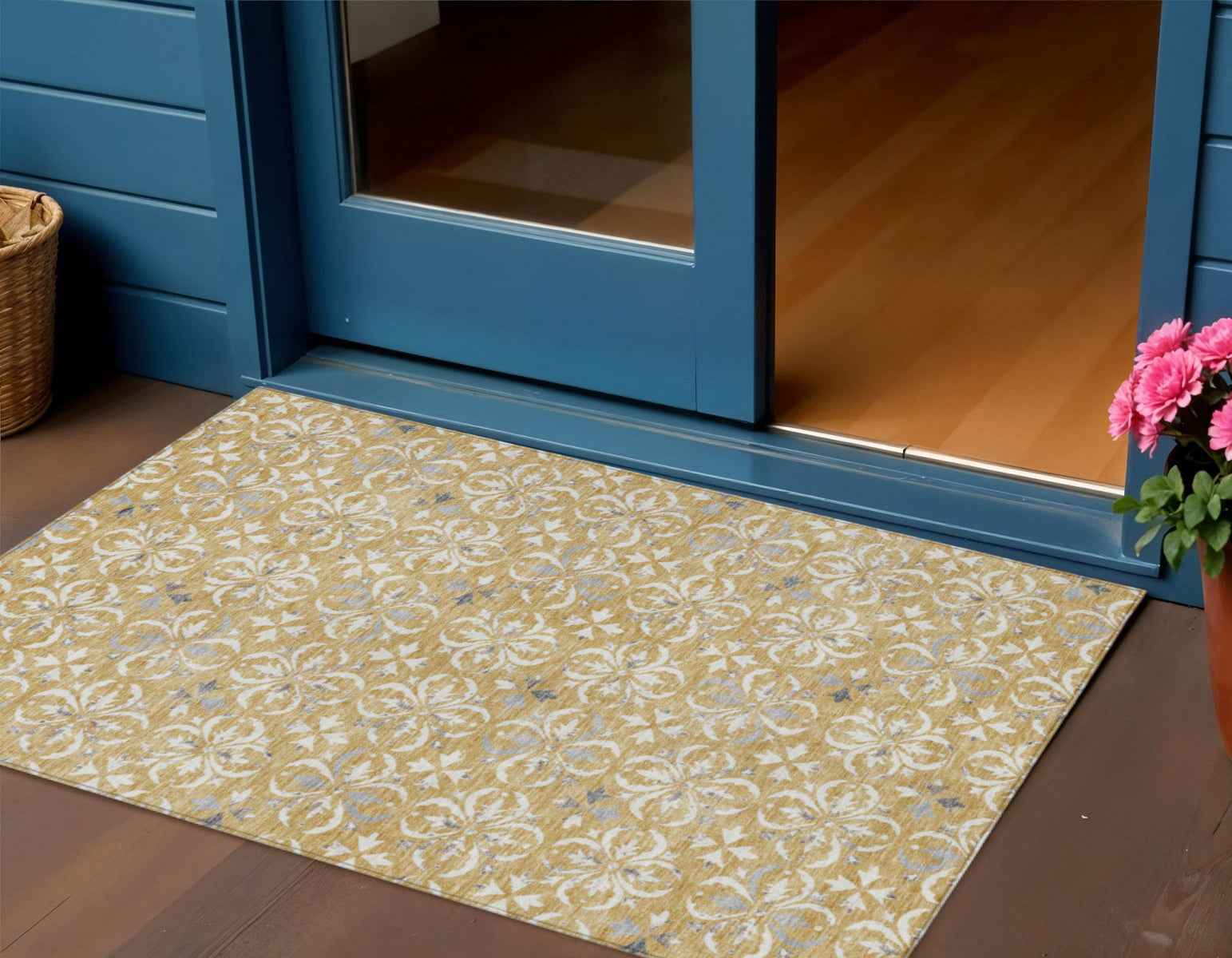 3' X 5' Gold Gray And Beige Floral Washable Indoor Outdoor Area Rug