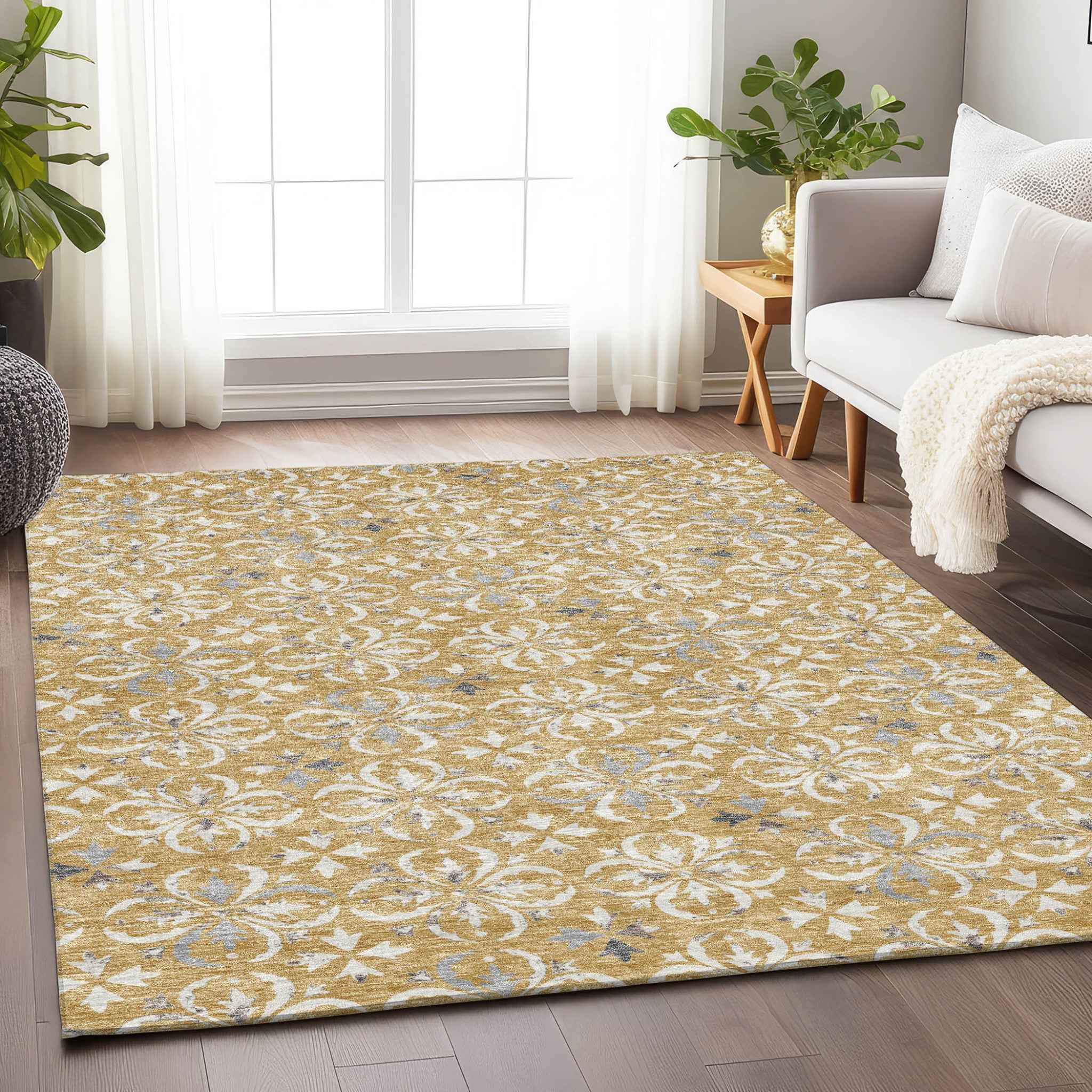 3' X 5' Gold Gray And Beige Floral Washable Indoor Outdoor Area Rug