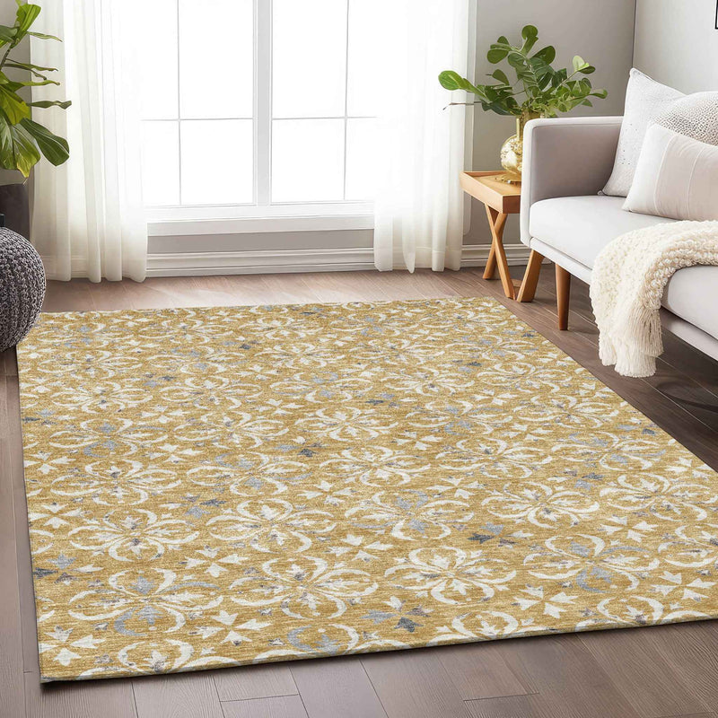 3' X 5' Gold Gray And Beige Floral Washable Indoor Outdoor Area Rug