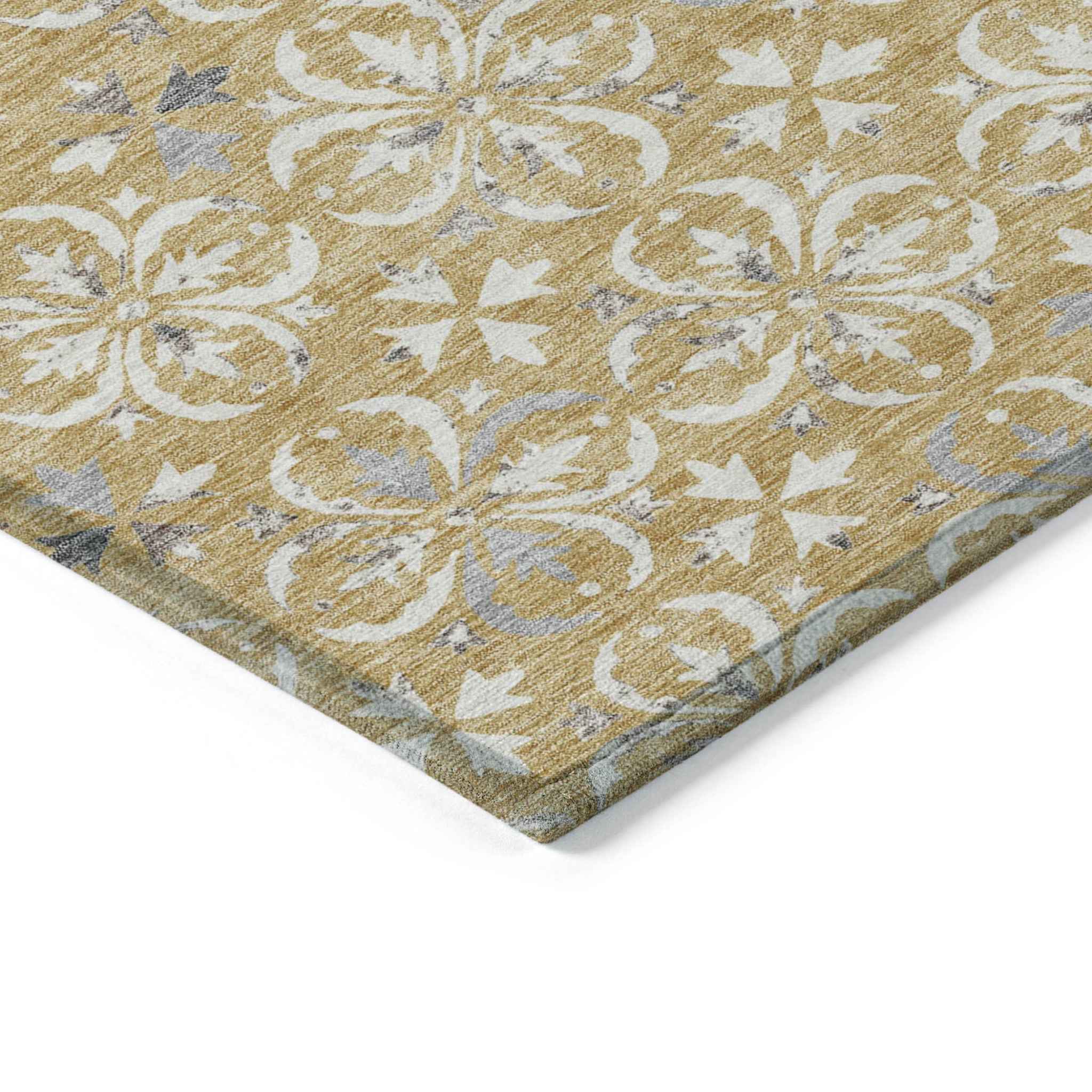 3' X 5' Gold Gray And Beige Floral Washable Indoor Outdoor Area Rug