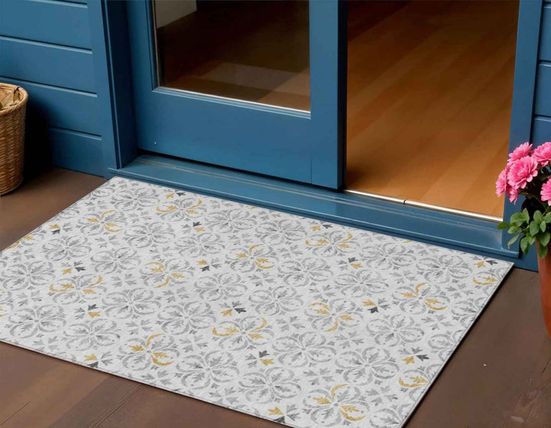 3' X 5' Silver Gray And Gold Floral Washable Indoor Outdoor Area Rug