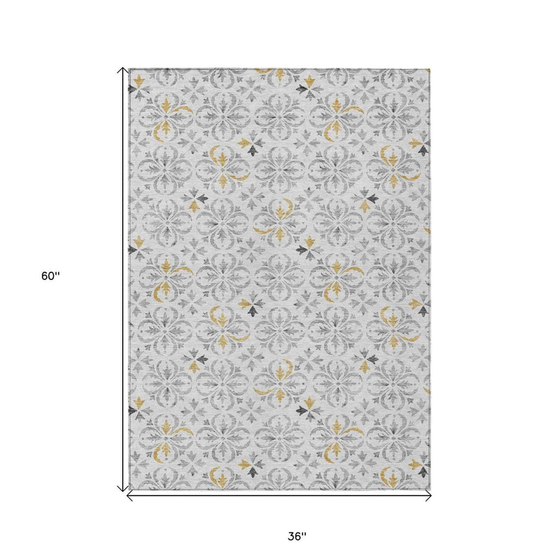 3' X 5' Silver Gray And Gold Floral Washable Indoor Outdoor Area Rug