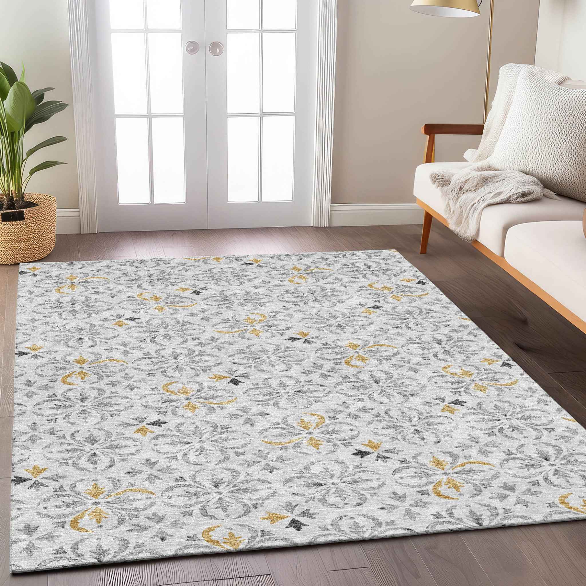 3' X 5' Silver Gray And Gold Floral Washable Indoor Outdoor Area Rug