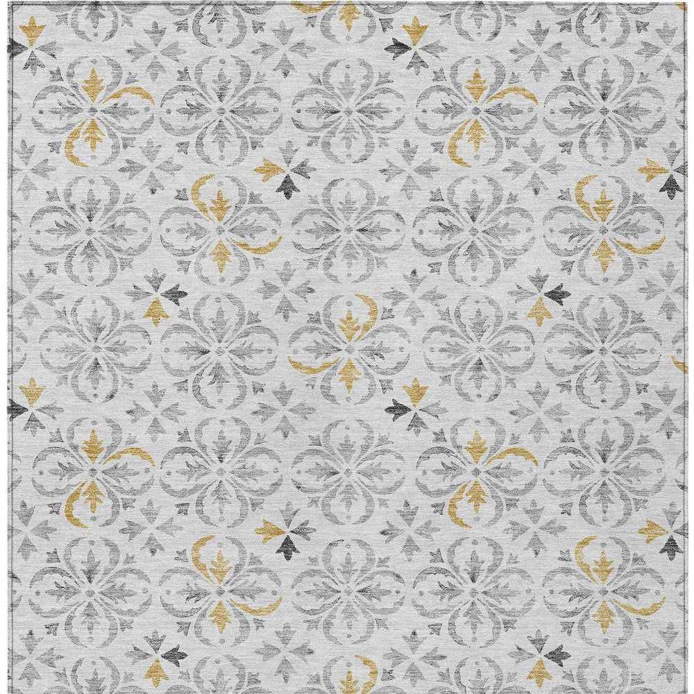 3' X 5' Silver Gray And Gold Floral Washable Indoor Outdoor Area Rug