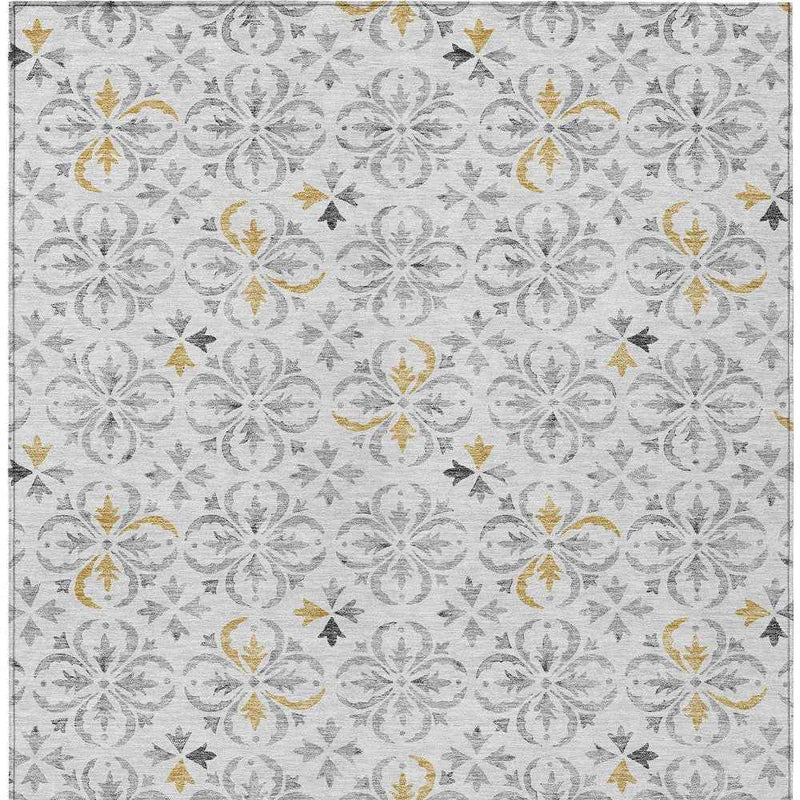 3' X 5' Silver Gray And Gold Floral Washable Indoor Outdoor Area Rug