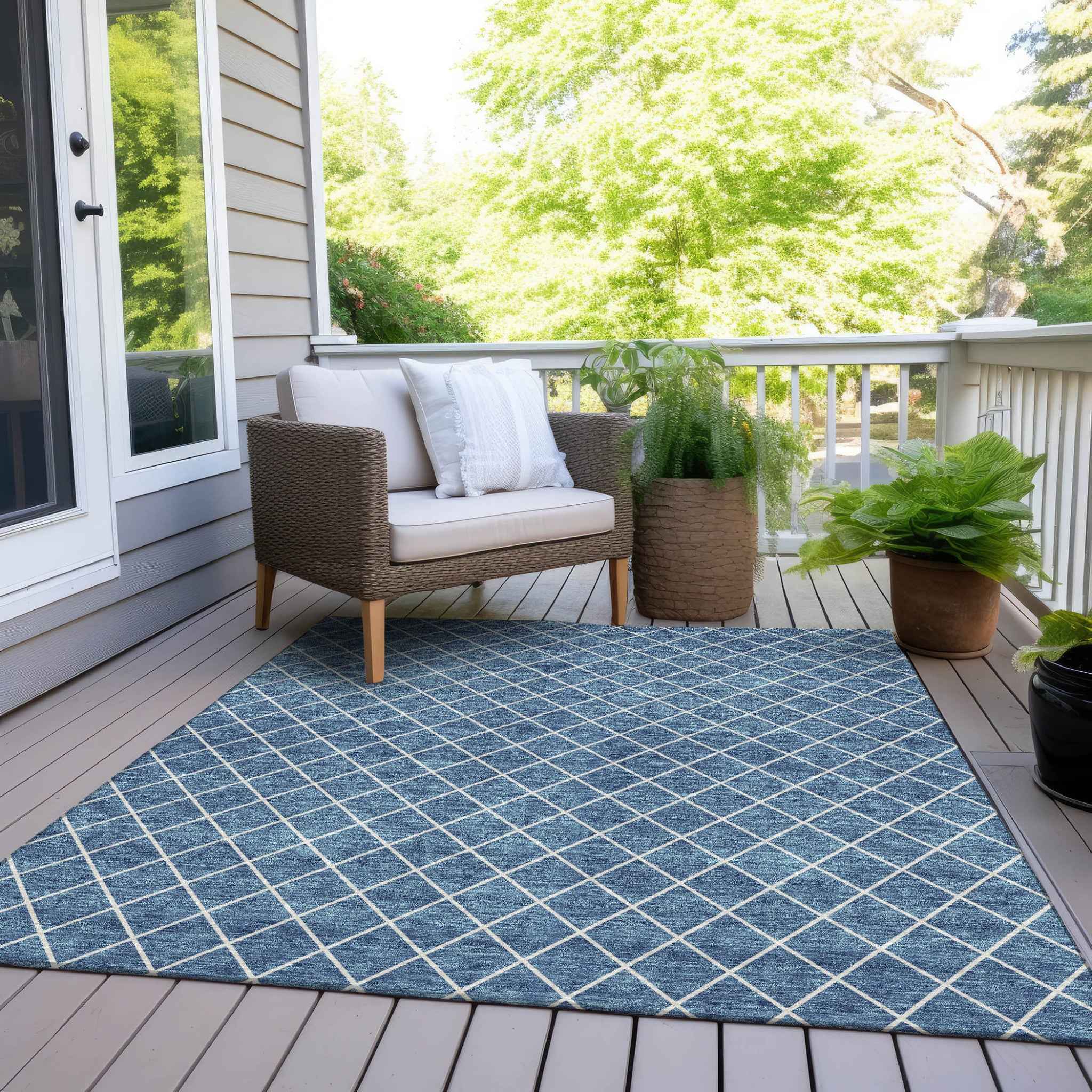 9' X 12' Denim Blue And Ivory Geometric Washable Indoor Outdoor Area Rug