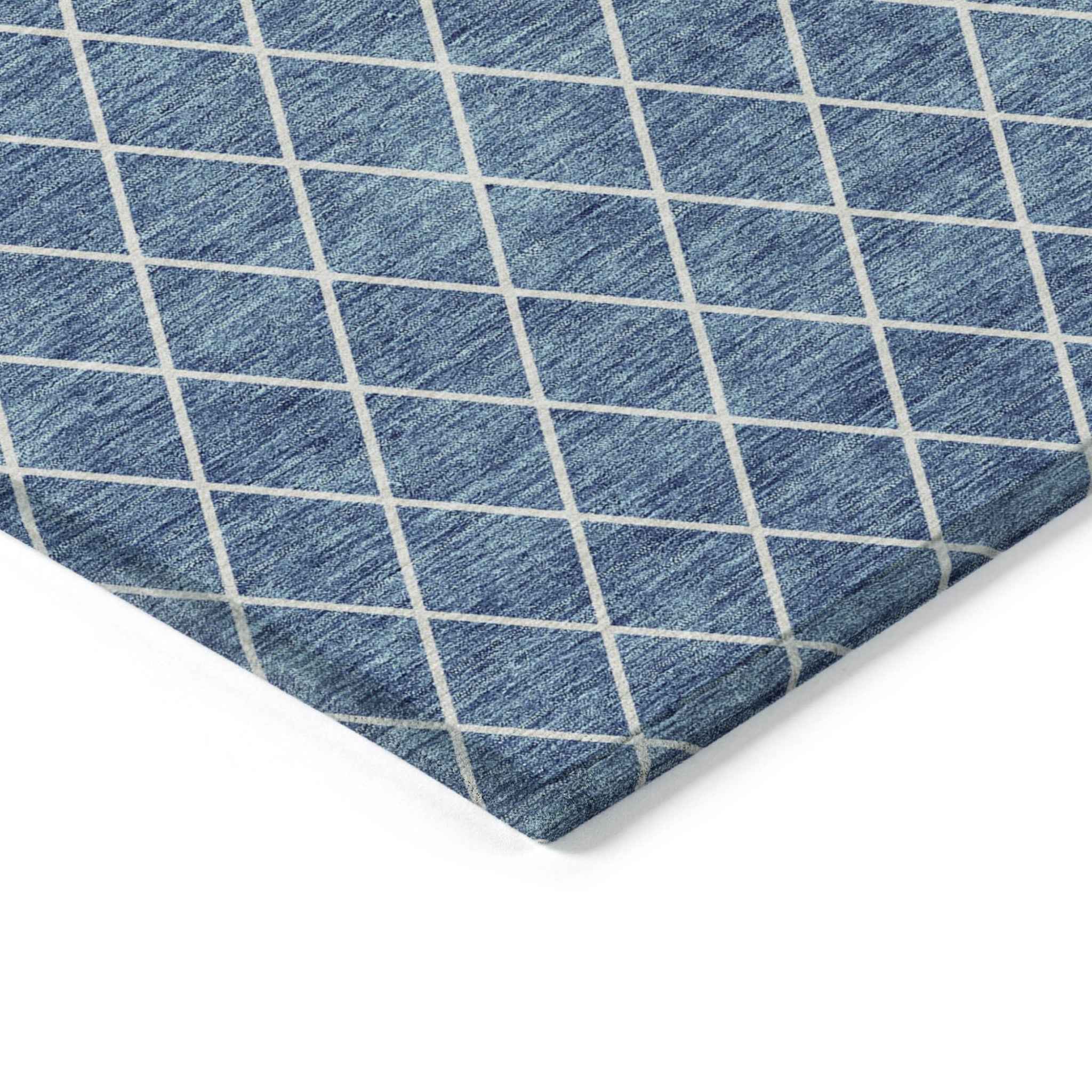 9' X 12' Denim Blue And Ivory Geometric Washable Indoor Outdoor Area Rug