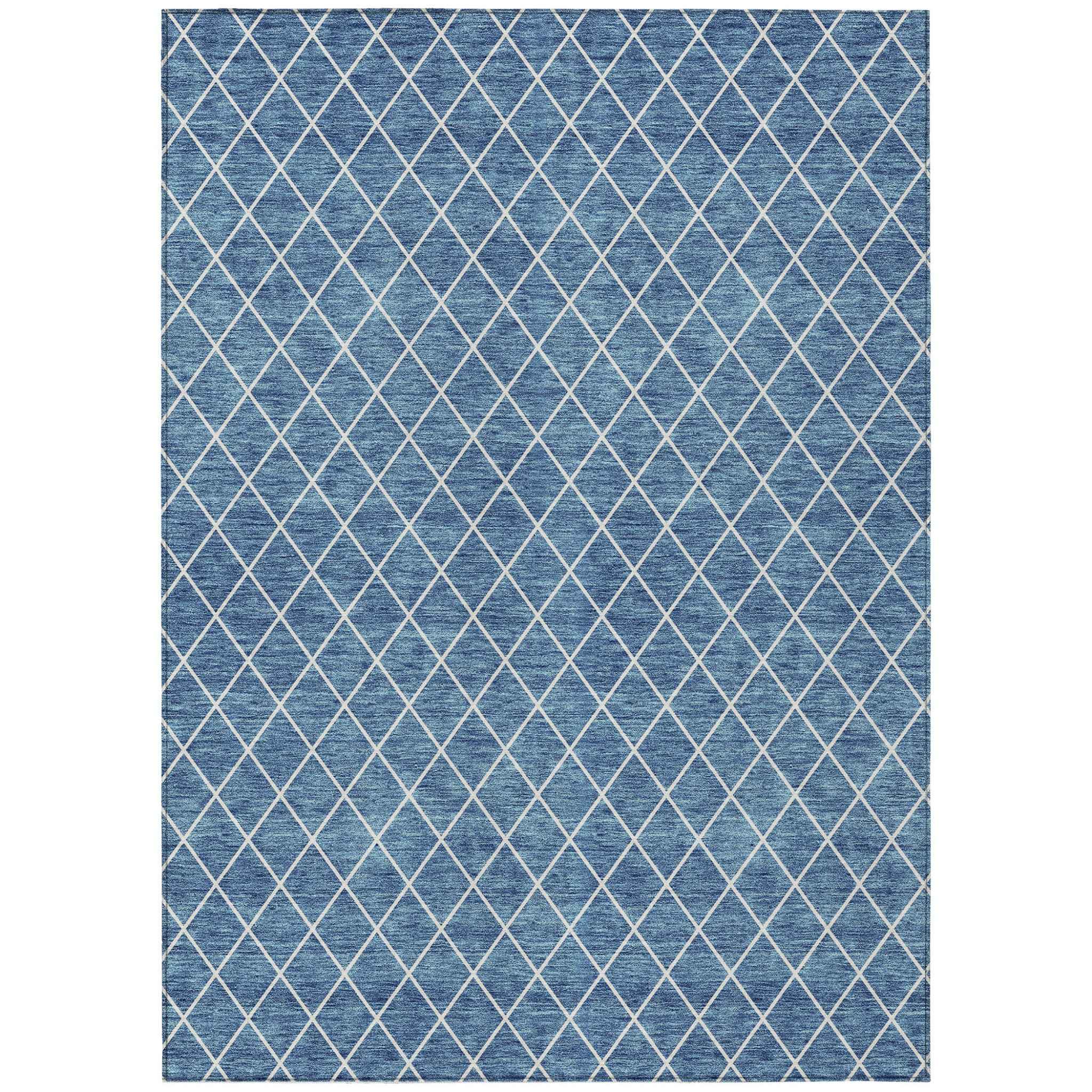 9' X 12' Denim Blue And Ivory Geometric Washable Indoor Outdoor Area Rug