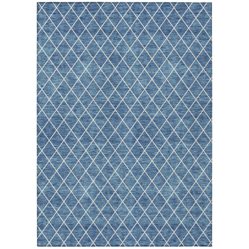 9' X 12' Denim Blue And Ivory Geometric Washable Indoor Outdoor Area Rug