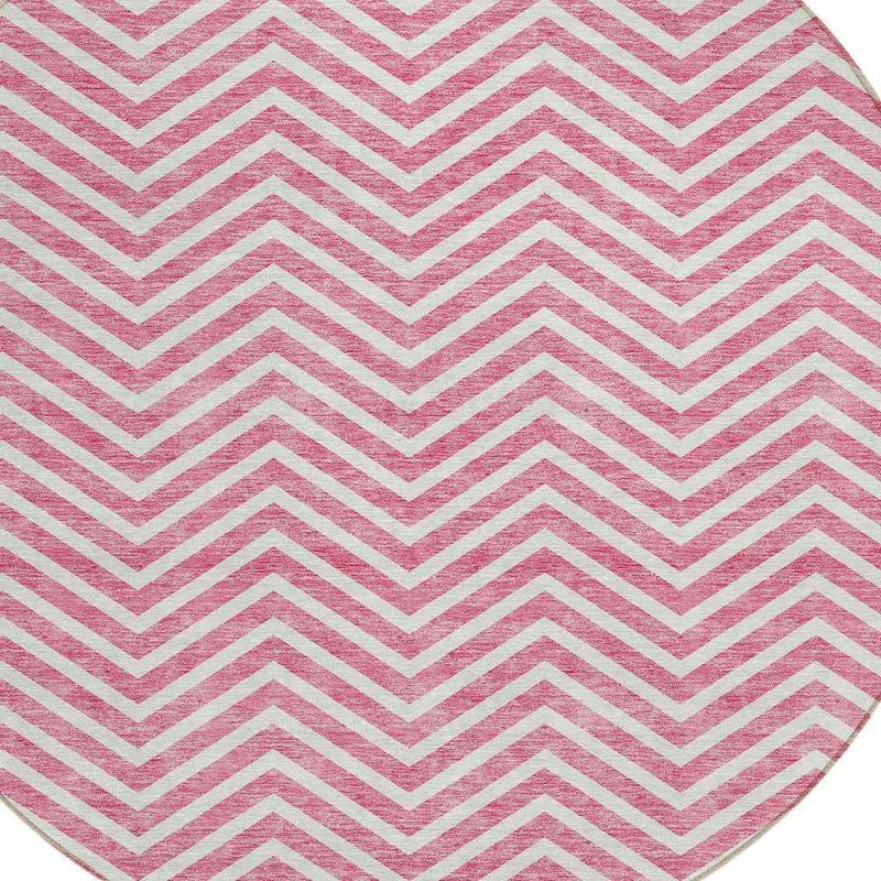 8' Pink And Ivory Round Chevron Washable Indoor Outdoor Area Rug