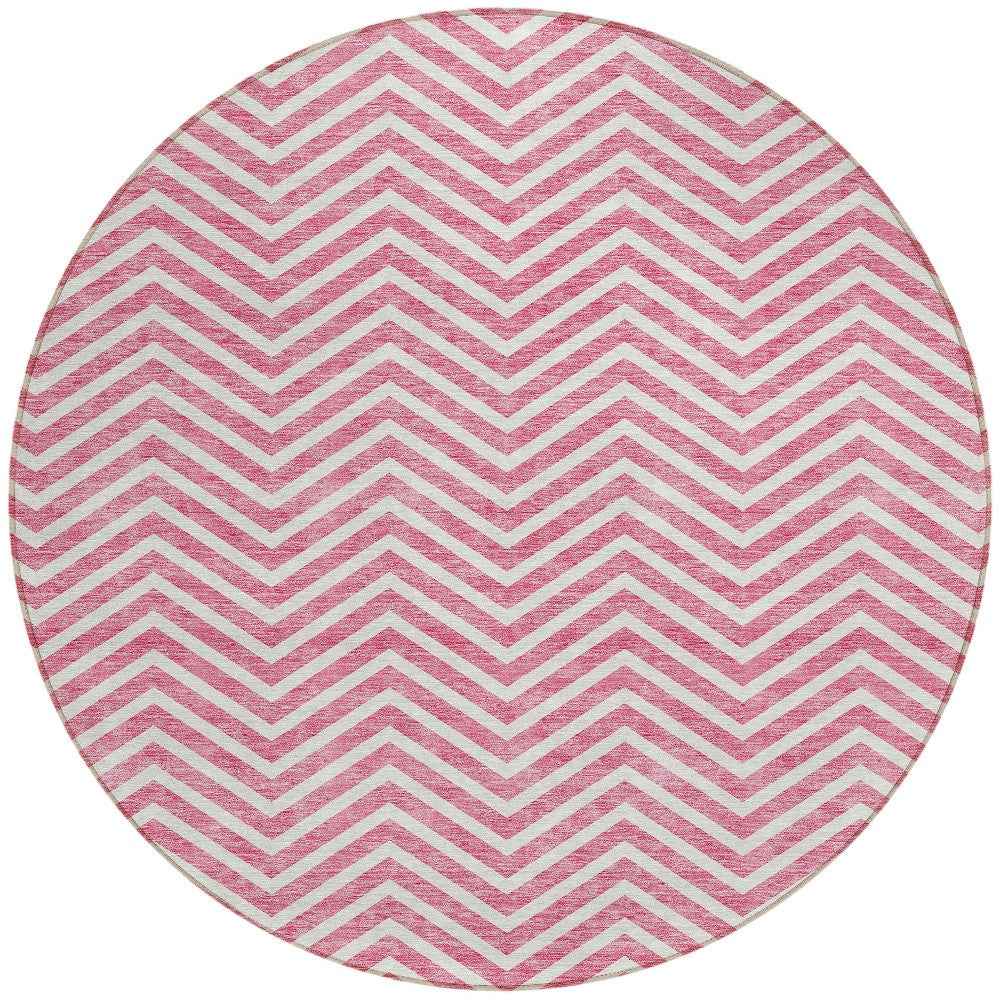 8' Pink And Ivory Round Chevron Washable Indoor Outdoor Area Rug