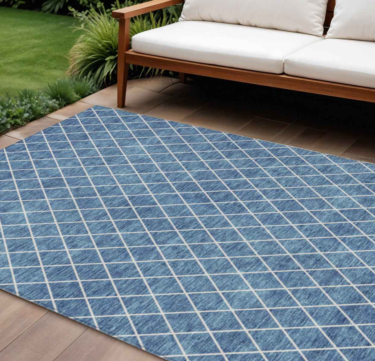 8' X 10' Denim Blue And Ivory Geometric Washable Indoor Outdoor Area Rug