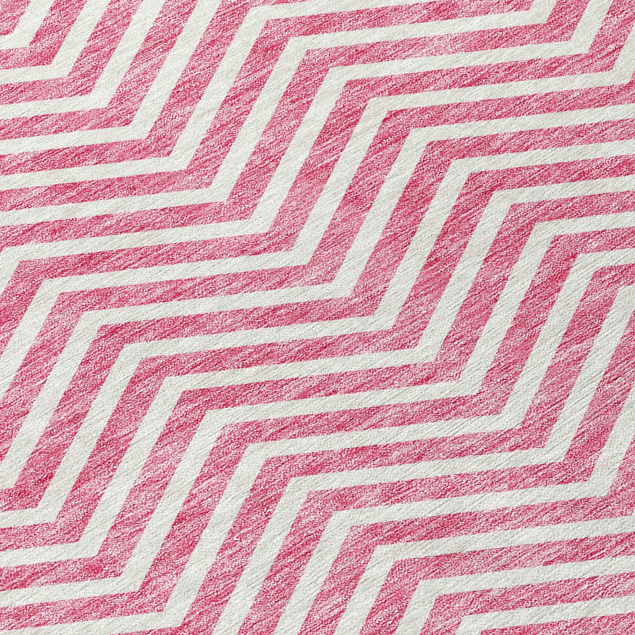 8' Pink And Ivory Round Chevron Washable Indoor Outdoor Area Rug