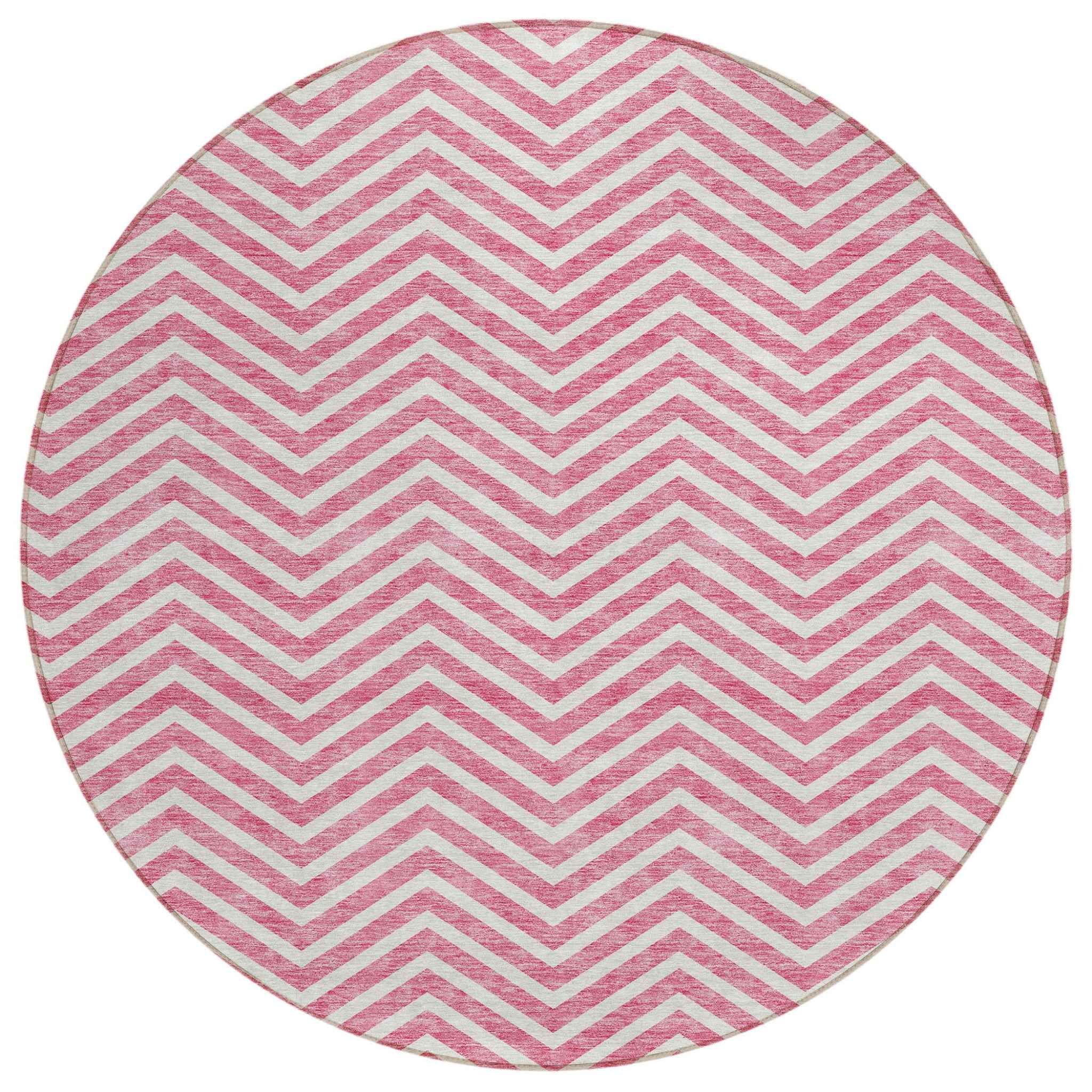 8' Pink And Ivory Round Chevron Washable Indoor Outdoor Area Rug