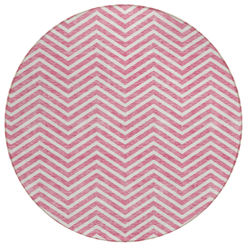 8' Pink And Ivory Round Chevron Washable Indoor Outdoor Area Rug