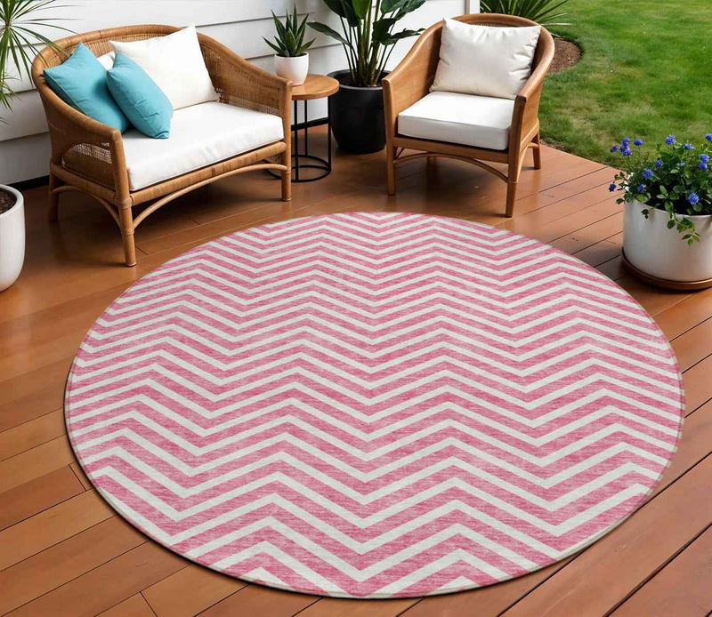 8' Pink And Ivory Round Chevron Washable Indoor Outdoor Area Rug